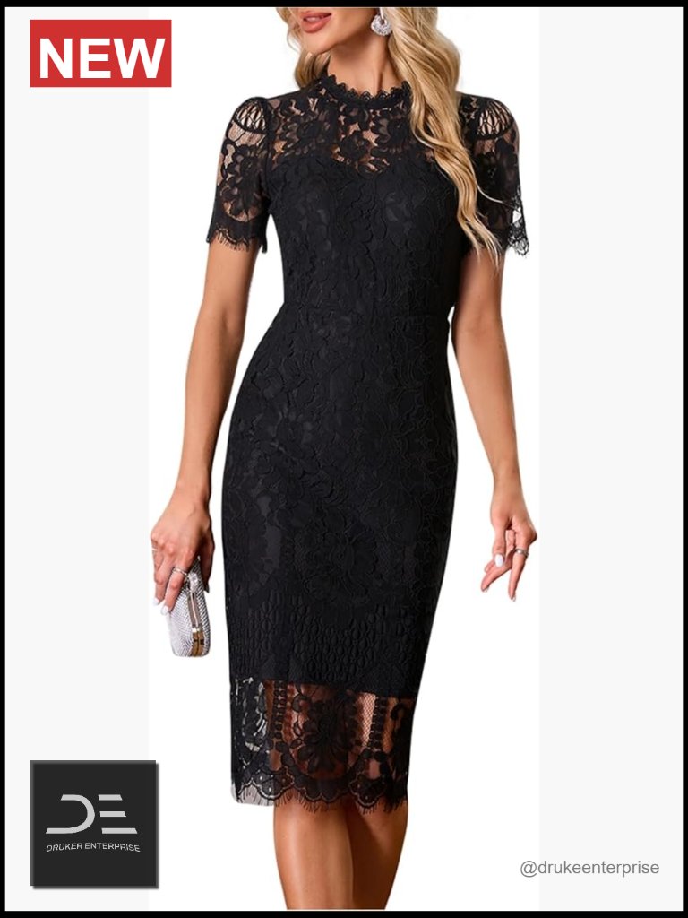 Elegant Lace Cocktail Dress Short Sleeve Bodycon Knee Length For Wedding Guest